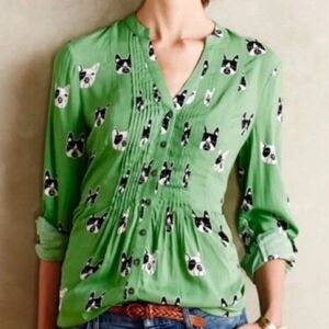 Maeve Anthropology Womens Blouse French Bull Dog Print Green Size 4